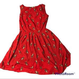 red dress w/ dog wearing hat, pleated waistline size small YUMI